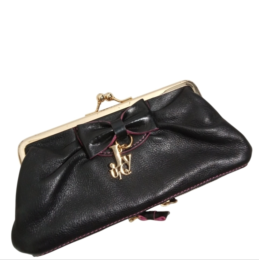 Juicy Couture Black Leather Bow Kiss Lock Clutch Gold Charm Y2K Coquette Bag